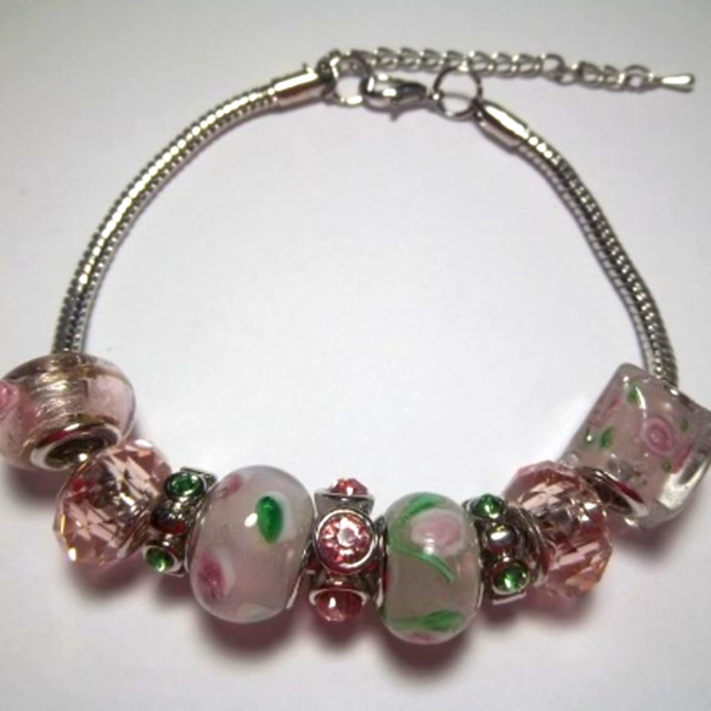 Charm Bracelet Pink Glass Metal Lined Beads